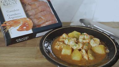 Cassoulet with potatoes and king prawns