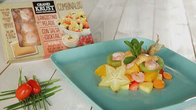 Tropical fruit salad with shrimp and cocktail sauce