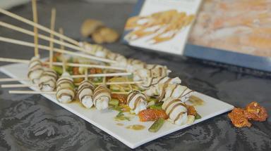 Scampi skewers with shiitake mushrooms