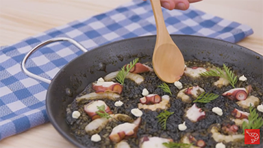 Black rice with prawns and octopus