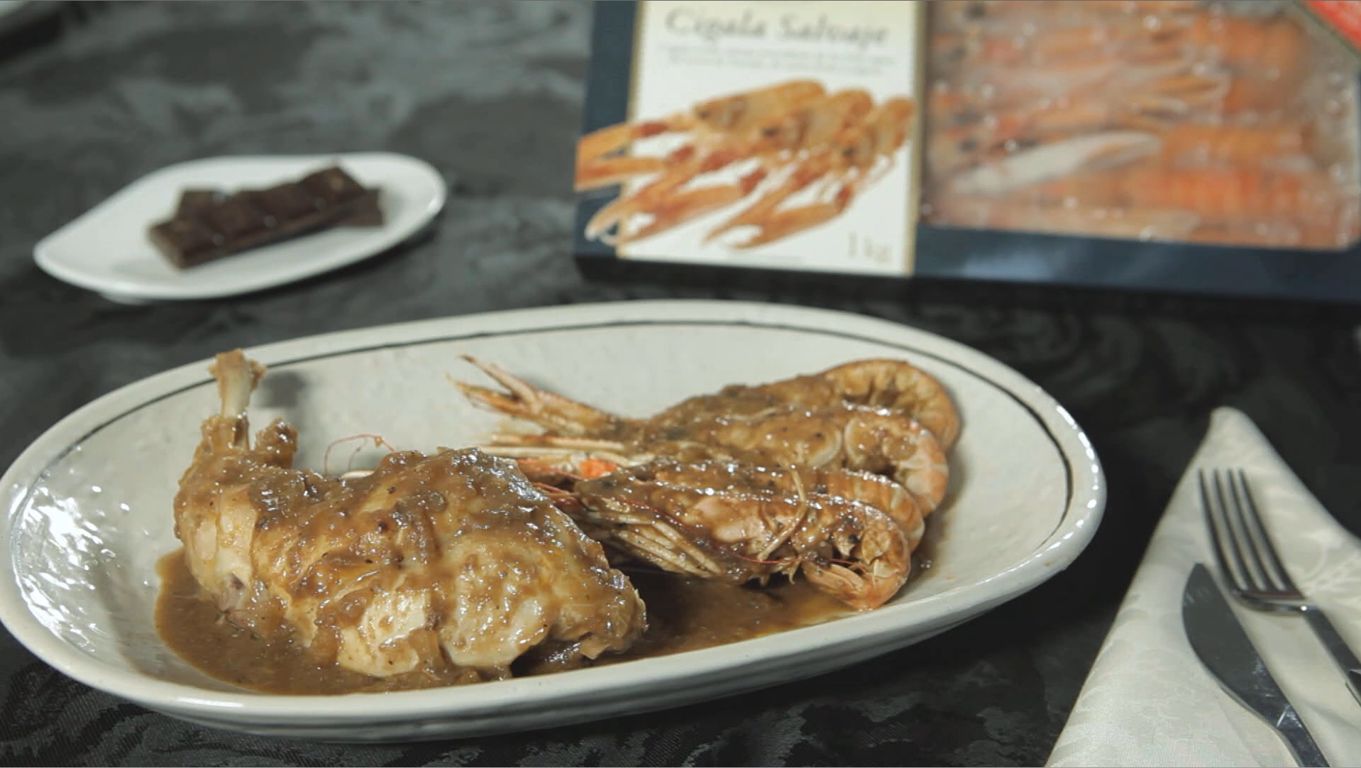 Rabbit and scampi stew with chocolate